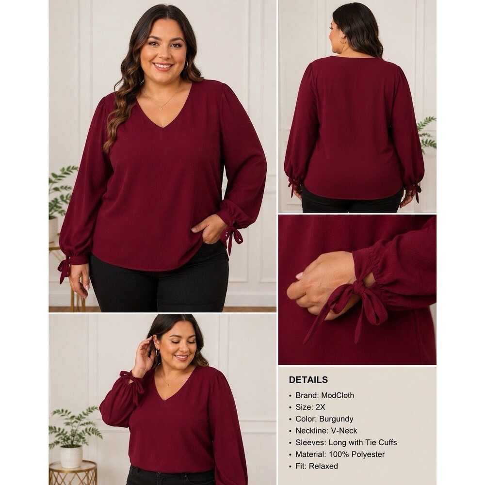 ModCloth Women’s Burgundy V-Neck Tie Sleeve Blouse Top Size 2X Long Sleeve